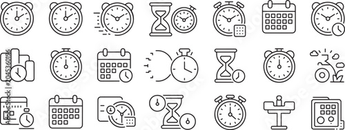 Bild auf Leinwand Alarm Clock and Hourglass Time Management Icons Set with Calendar, Stopwatch, an