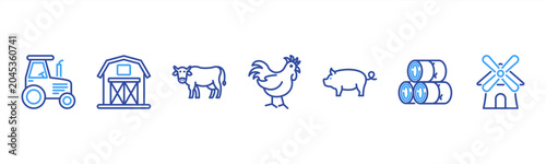Cuadro en lienzo Farm Life set with Tractor, Barn, Cow, Chicken, Pig, Hay Bale, and Windmill for agriculture and rural visuals