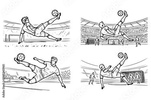 Obraz na plátně Hand-drawn soccer player sketches, collection of 4 football athletes performing