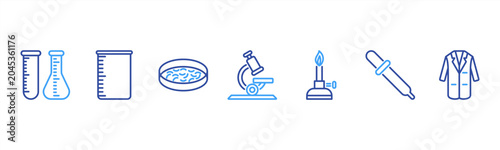 Bild auf Leinwand Science Lab set featuring Test Tube, Beaker, Petri Dish, Microscope, Bunsen Burner, Pipette, Lab Coat for research and lab visuals