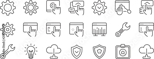 Settings Gear, Hand Control, Calculator Icons, Wrench Tools, Protection Shields, Lightbulb Ideas and Download Laptop Symbols Set