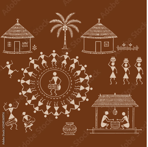 Traditional Indian Warli Art Circular Folk Design Vector