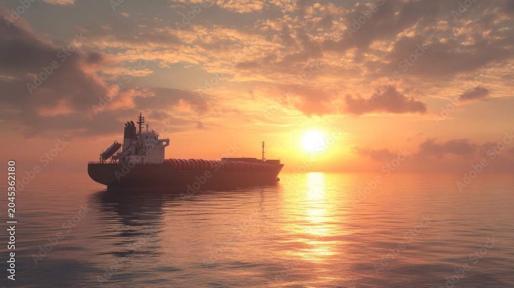 Obraz premium Ship Silhouetted at Sunset with Warm Coastal Background