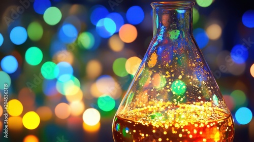 Bubbling Liquid in a Lab Beaker with Fluorescent Lights