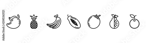 Картината върху платно Tropical Fruits set featuring Mango, Pineapple, Banana, Papaya, Coconut, Guava, Lychee for fresh and exotic visuals