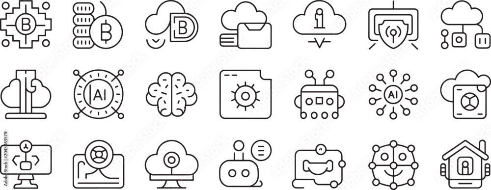 Fototapeta premium Artificial Intelligence Icons Set with Cloud, Brain, Robots, Shield, File, and Security Line Drawings