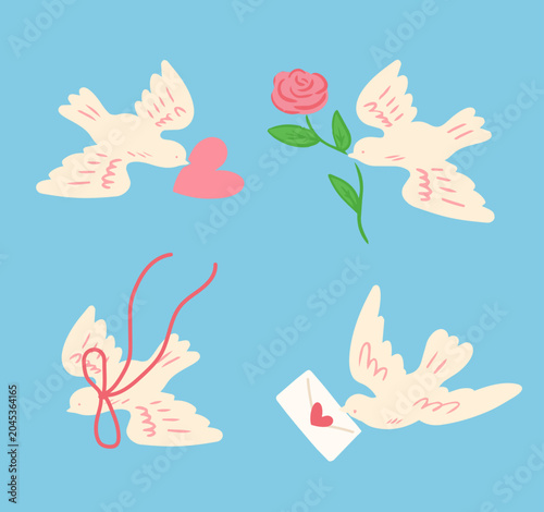 Romantic Dove Icon Set with Love Symbols Illustration