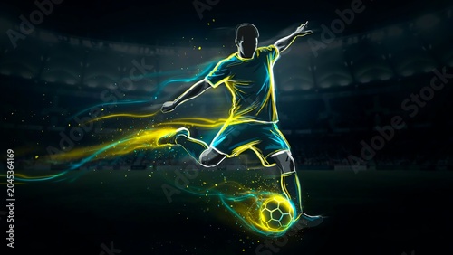 Glowing football player kicking ball in stadium at night