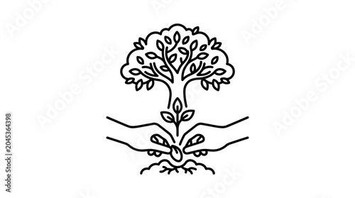 Fotografie Hands planting and nurturing a young tree line art.