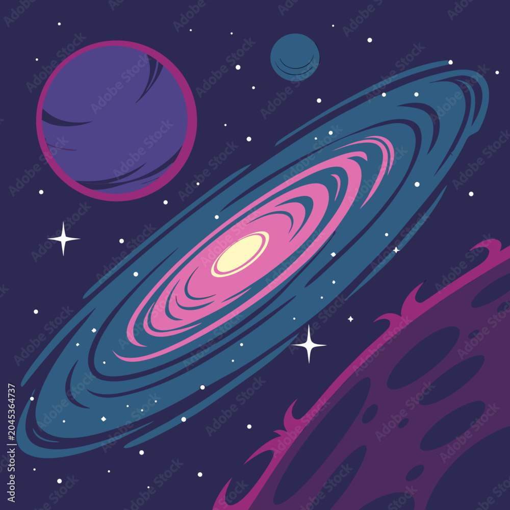 Naklejka premium Vibrant illustration of a spiral galaxy with planets and stars in deep space, cosmic and celestial artwork