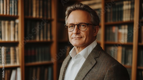 Confident Man in Front of Traditional Bookcase