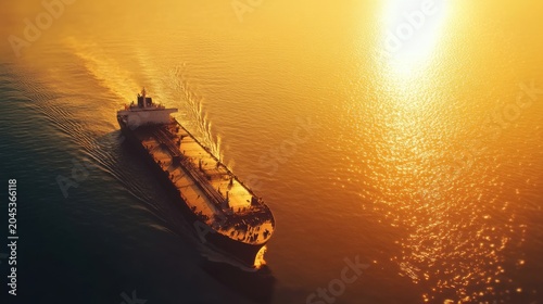 Golden Sunrise Over Calm Sea with Tanker Sailing