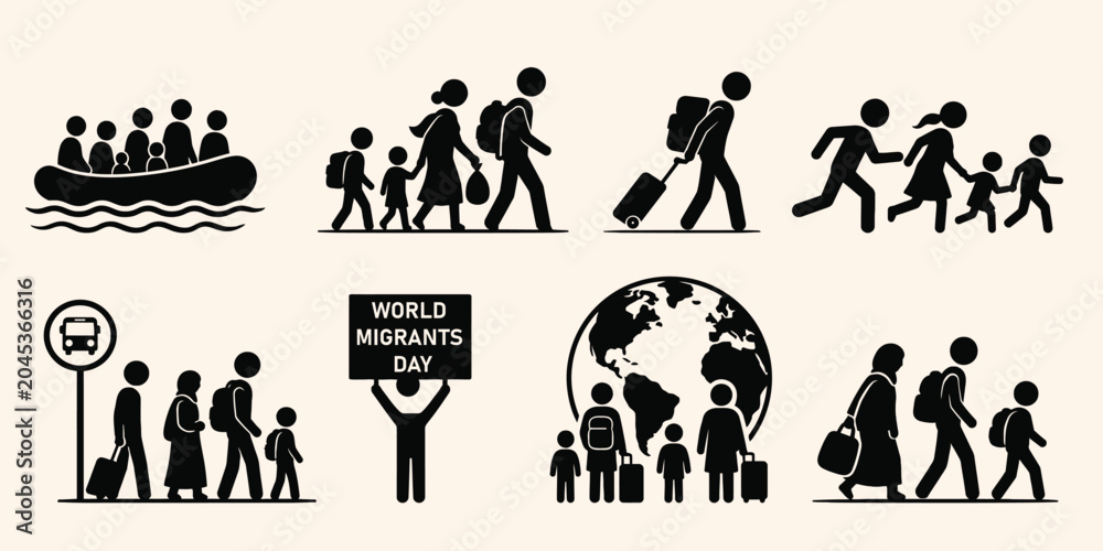 Obraz premium World Migrants Day Migration and Refugee Awareness Icon Set Vector Collection