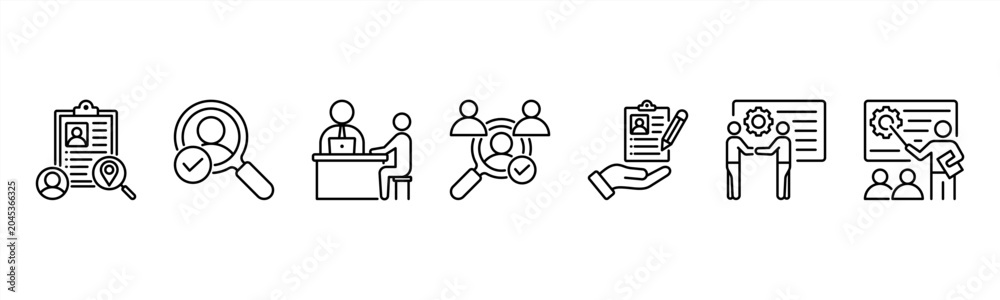 Fototapeta premium Recruitment Management icon set includes Job Posting, Screening, Interviewing, Selection, Offer Management, Onboarding, and Training for effective hiring processes.