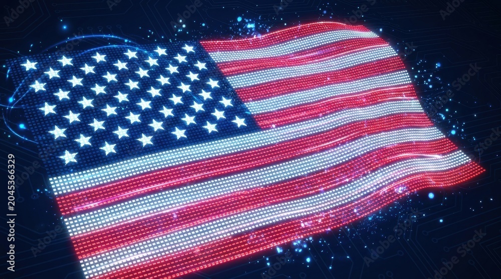Obraz premium American flag made of glowing pixels waving on dark background with blue lights