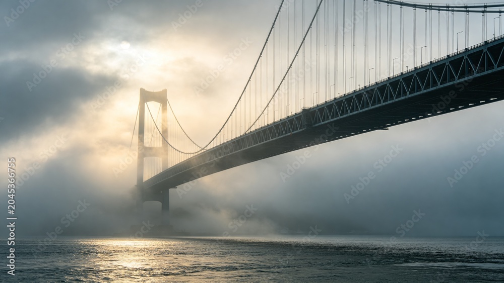 Obraz premium Suspension bridge disappearing into fog over calm water