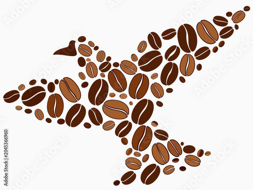 Принти на полотні Bird silhouette composed of coffee beans facing left for specialty cafe logo des