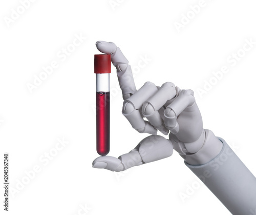 AI humanoid robot assistant analyzing medical blood sample in lab.