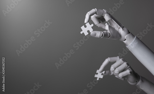 AI humanoid robot assistant finding the missing puzzle piece concept.