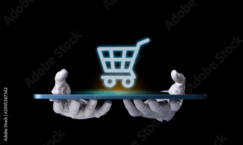 Robot hands holding digital tablet with shopping cart icon concept.