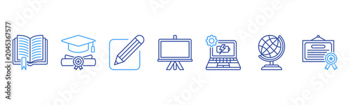 фотографія Education icons featuring Book, Graduation Cap, Pencil, Blackboard, Laptop, Globe, and Certificate for learning themes
