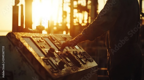 Offshore Worker at Control Panel in Bright Sunlight