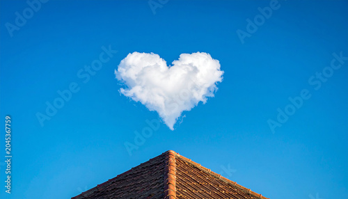 Heart shaped cloud in blue sky over a house roof