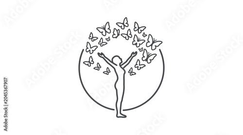 Quadro su tela Person standing with open arms surrounded by butterflies icon.