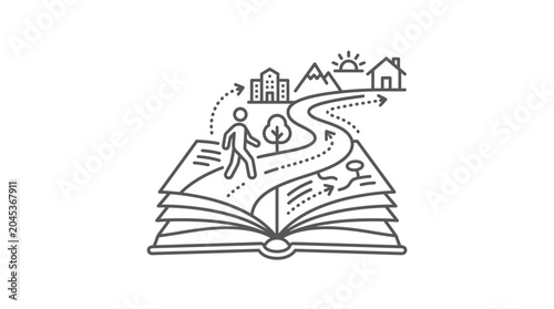 Storytelling icon with path emerging from open book.