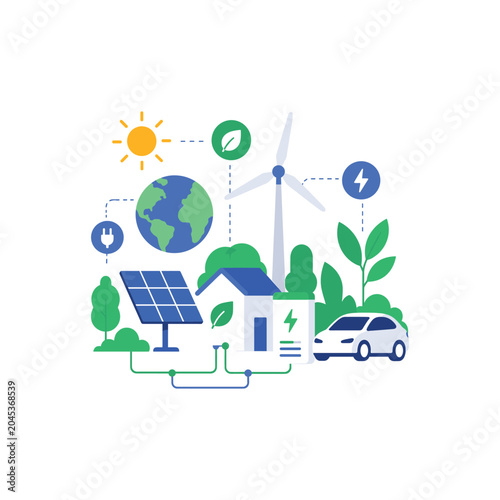 Quadro em tela Eco Friendly Home with Solar Panels and Electric Car Vector Illustration