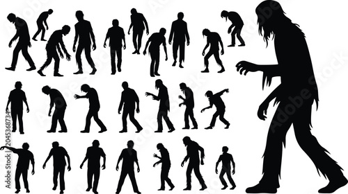 Fotografie Spooky Halloween Zombie Apocalypse Horde Vector Silhouette Matrix, Modern Pop-Culture Horror Undead Emblem Bundle, Shuffling Monster Graphic Set, vector, illustration, silhouette