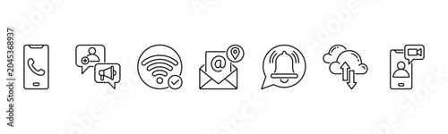 Icons for digital communication including Smartphone, Chat Bubble, WiFi, Email, Notification, Cloud, and Video Call.