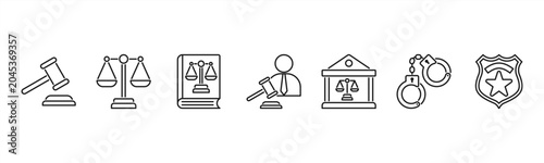 Schilderij op canvas Legal and justice icons featuring Gavel, Scales of Justice, Law Book, Judge, Court, Handcuffs, Police Badge