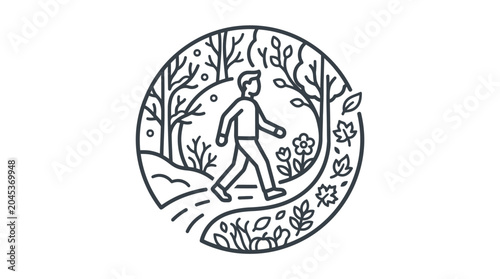 Circular forest hiking path icon with walking person.