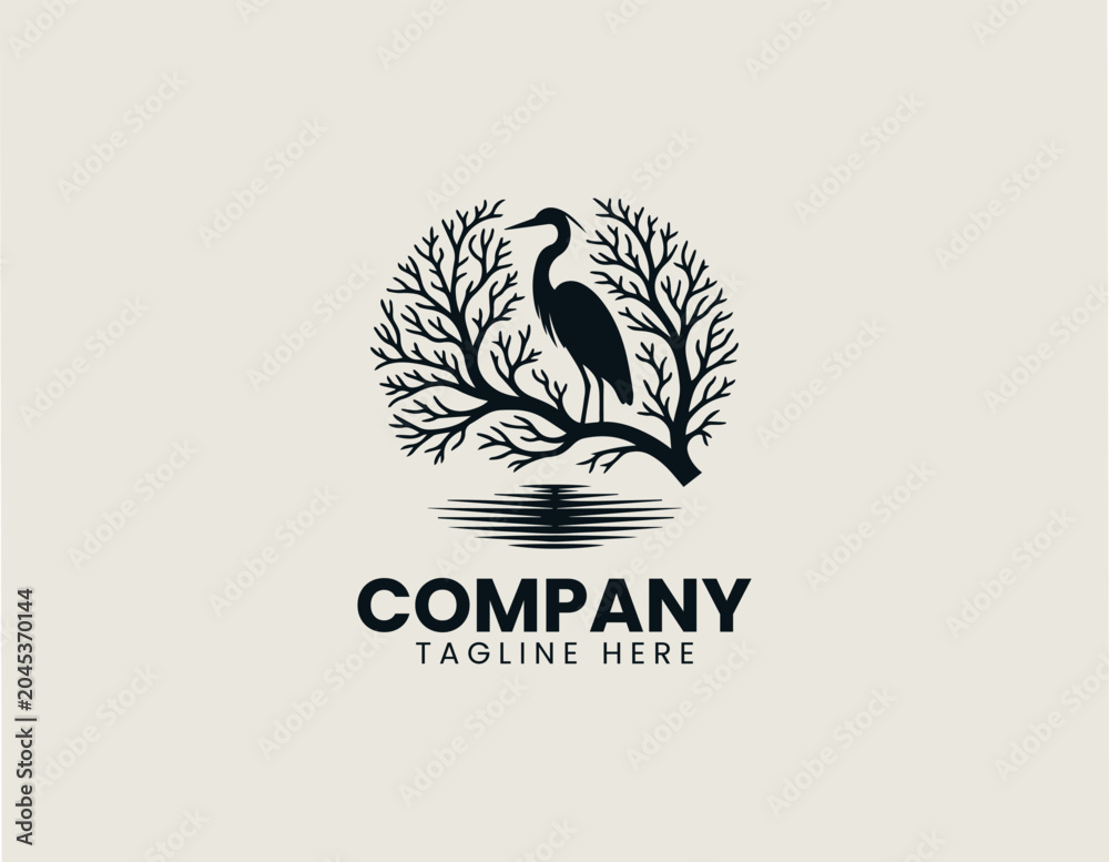 Obraz premium Heron Bird Tree Silhouette Minimalist Black Vector Logo Nature Wildlife Desig