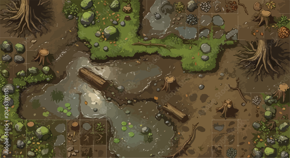 Fototapeta premium Top down forest swamp game map, fantasy rpg battlemap with muddy water and mossy rocks, wilderness environment level design vector