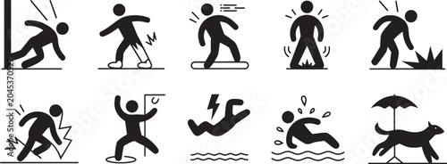Fotografie Running Man Icon Set with Jump, Stumble, Splash, Lightning and Umbrella Actions