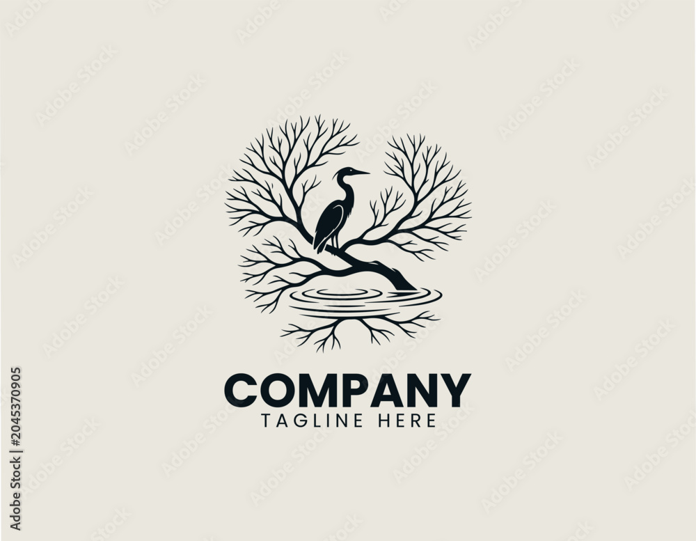 Obraz premium Heron Bird Tree Silhouette Minimalist Black Vector Logo Nature Wildlife Desig