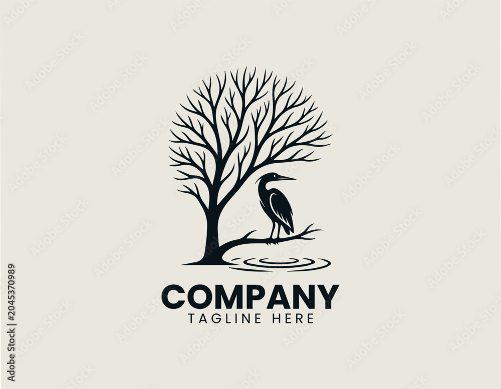 Obraz premium Heron Bird Tree Silhouette Minimalist Black Vector Logo Nature Wildlife Desig