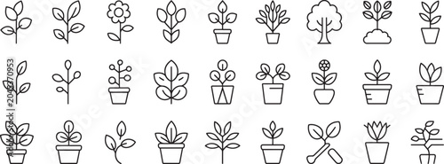 Photos Leaf Potted Plants Icon Set with Black Outline Line Art on White Background for