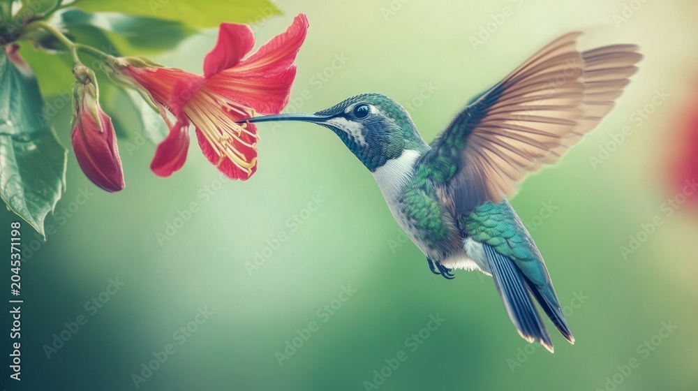 Fototapeta premium close up of hummingbird feeding from tropical flower, generative ai