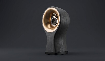 Premium Sculptural Concrete and Brass High-Fidelity (Hi-Fi) Speaker isolated deep charcoal plain background