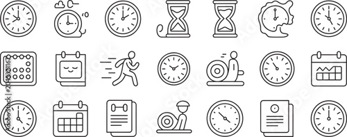Fotografie Clocks, Alarms, and Time Management Icons Set with Line Art Watch Faces, Calenda