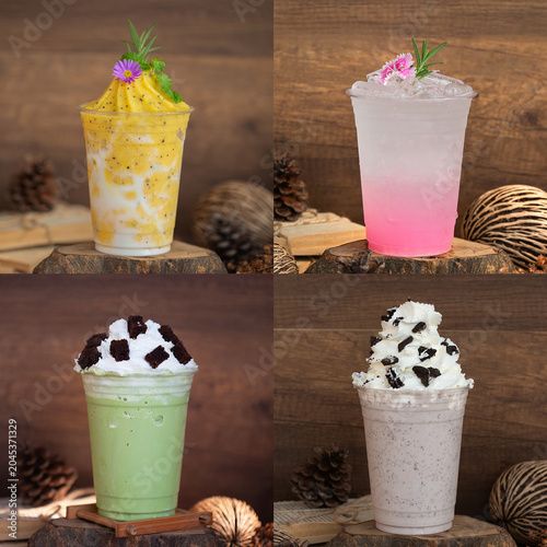 A multi-photo collage showcasing four different sweet beverages in plastic cups: a yellow mango, a pink rose soda, a green matcha and a cookies and cream milkshake with oreos.