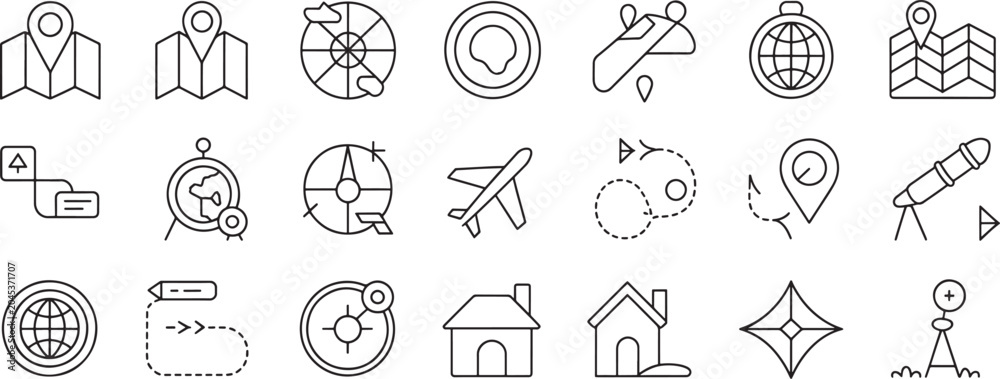 Fototapeta premium Location Map Pin, Globe, Navigation Compass, Airplane, Telescope, and House Icons Set for Travel and Direction