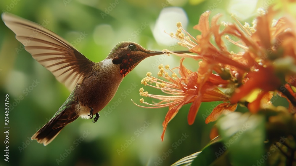Fototapeta premium close up of hummingbird feeding from tropical flower, generative ai