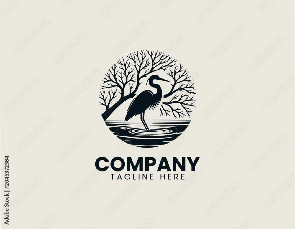 Fototapeta premium Heron Bird Tree Silhouette Minimalist Black Vector Logo Nature Wildlife Desig