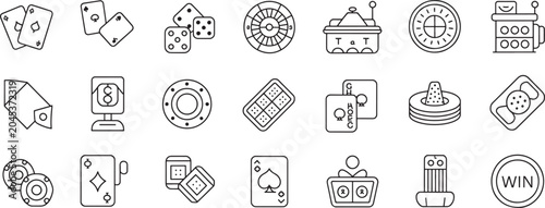 Photos Dice, Roulette, Cards, Chips and Casino Icons Traced in Black Line Art on White