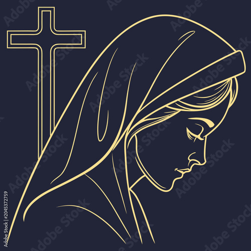 Tableau sur toile Religious portrait of holy mary or saint mother, vector outline illustration of