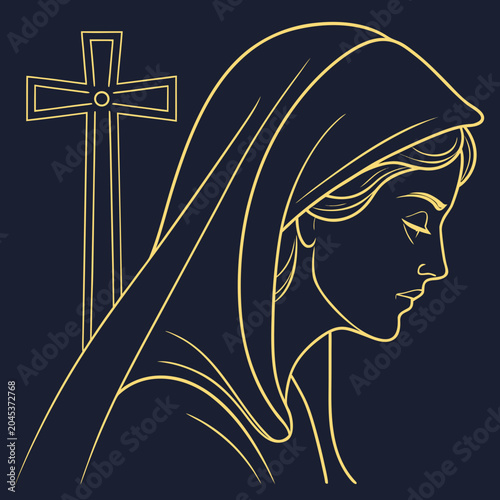 Tableau sur toile Religious portrait of holy mary or saint mother, vector outline illustration of